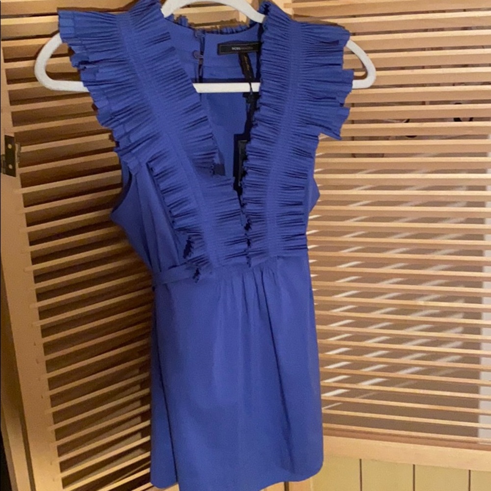 BCBG Maxazria Blue Blouse with Pleated ruffles